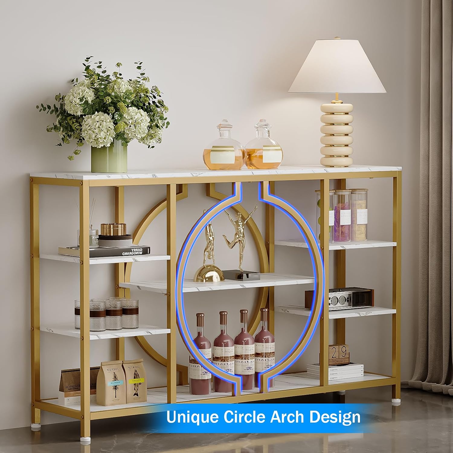GiftGo 47' Industrial Console Tables for Entryway Rustic Sofa Table Behind Couch 4 Tier Wooden Shelves Entry Table with Storage for Foyer, Hallway, Front Door,Living Room (White Gold, 47')