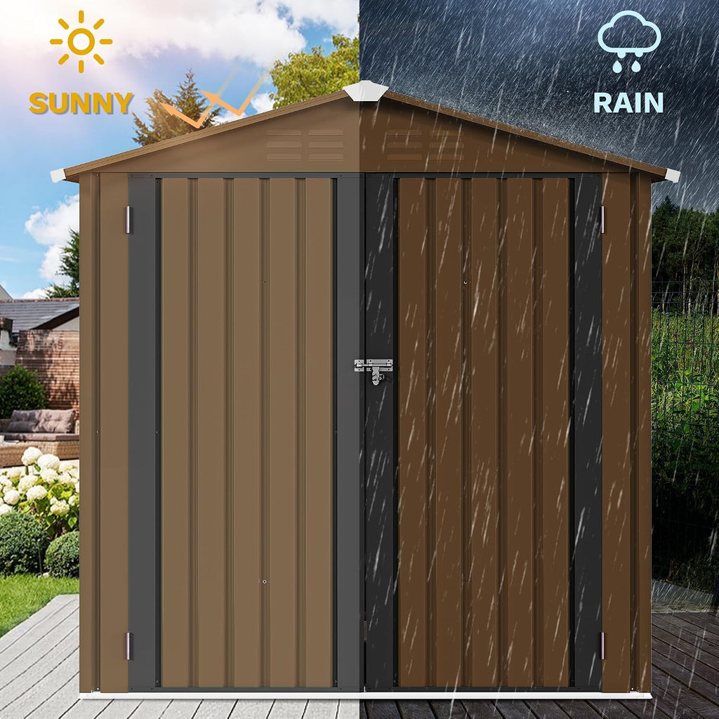 DWVO 6x4ft Metal Outdoor Tool Shed, Garden Storage Shed for Backyard, Lawn, and Patio, Heavy-Duty Storage Unit with Four Vents & Lockable Door for Storing Tools, Equipment & Trash Bins, Brown