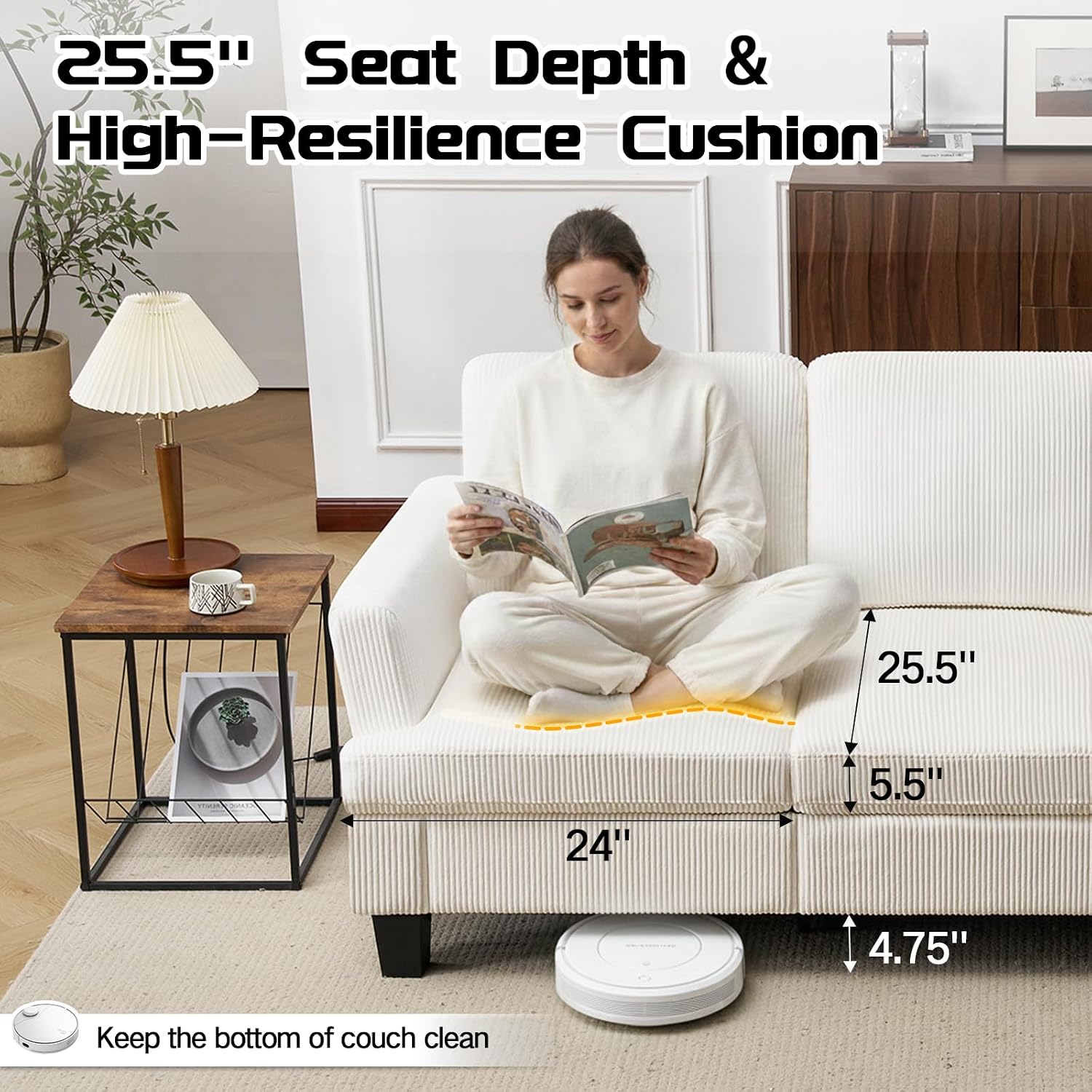 3 Seater Couch, 84' Comfy Corduroy Sofa with Deep Seat for Living Room, Modern Upholstered White Sofa Couches for Bedroom, Apartment and Office (Pillows Not Include)