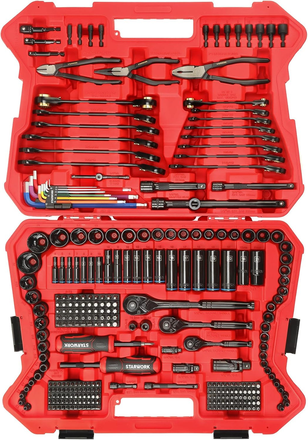 STARWORK TRUE MECHANIC™ 305-Piece Mechanics Tool Set with 120-Tooth Reversible Ratcheting Wrench Set, 1/4', 3/8', 1/2' Drive, Professional Metric Set