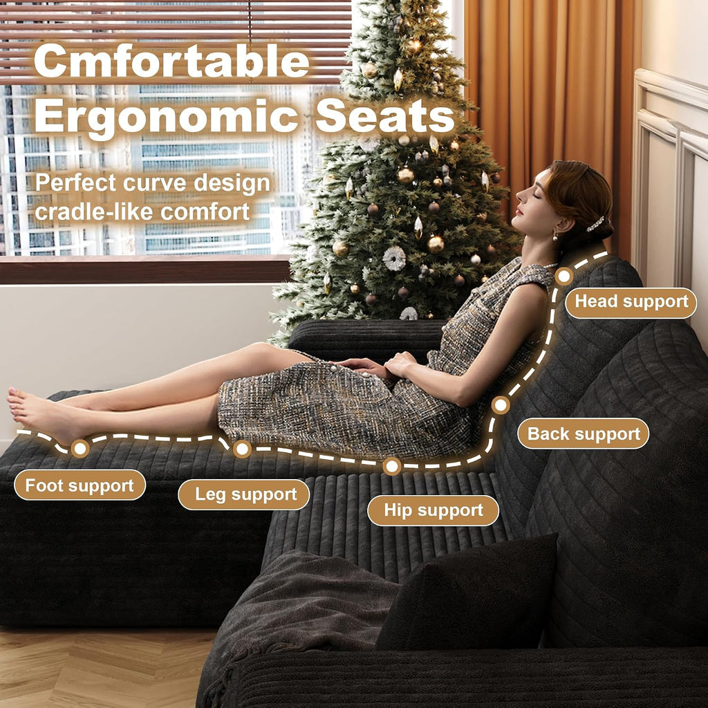 108' Sectional Couches for Living Room Cloud Couch Sofa with L-Shape Upholstered Boneless Couchs Modern Modular Sectional Couch with Chaise (Black, 108' Left Facing Chaise+2Seaters)