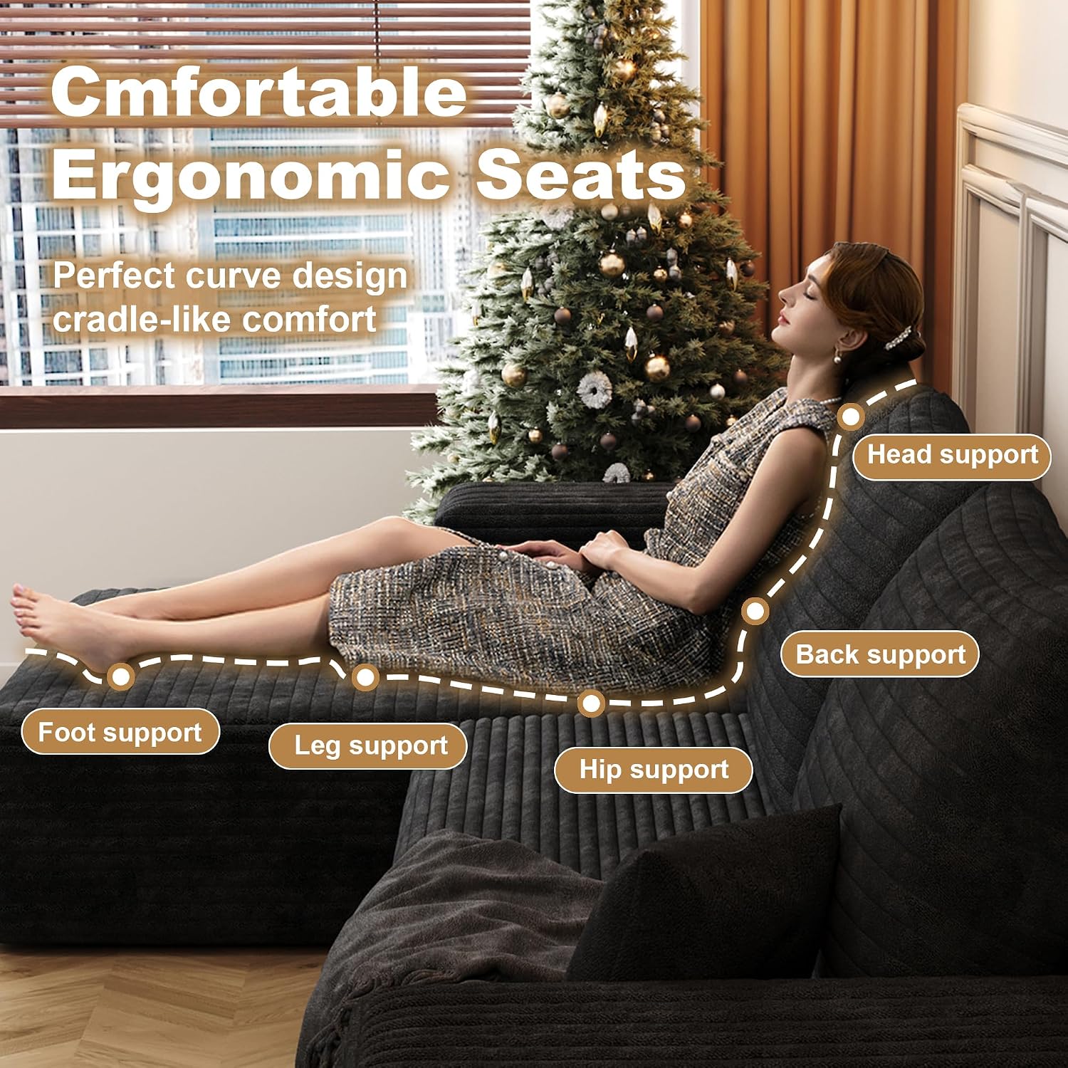 108' Sectional Couches for Living Room Cloud Couch Sofa with L-Shape Upholstered Boneless Couchs Modern Modular Sectional Couch with Chaise (Black, 108' Left Facing Chaise+2Seaters)
