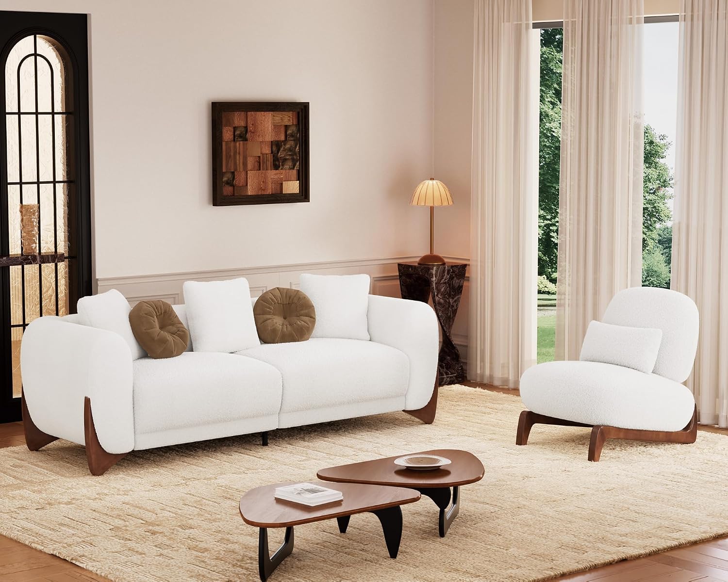 Morden Fort 2 Piece Cloud Couch Set, Modern Sherpa Boucle Sofa Set with Wood Legs, Skin-Friendly Minimalist Upholstered Comfy Couch Sofas for Living Room, 3-Seater Sofa & Tilt Back Chair, Off White