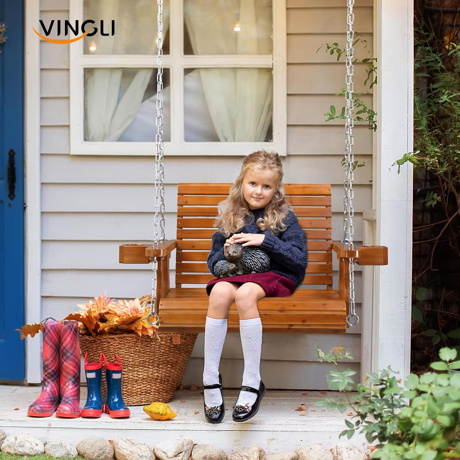VINGLI Heavy Duty 440 LBS 1-Person Wooden Patio Porch Swing with Deeper Seat & Higher Backrest & Extra Cup Holder for Adults & Kids, Outdoor Single Porch Swing for Porch, Yard, Balcony, Tree (Brown)