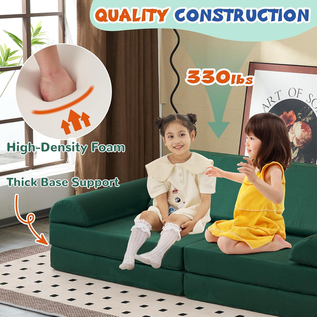 jela Kids Couch Safety Certified Play Couch Soft Kids Sofa with Machine Washable Cover Thick Foam Fort Building Set for Playroom Indoor (57'x28'x18', Pine Green)