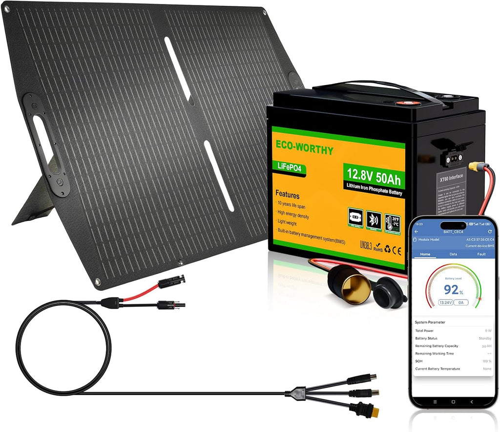 ECO-WORTHY 12V 50Ah LiFePO4 Lithium Battery with 100W Portable Solar Panel, Bluetooth 5.0, Low Temp Protection, Connects to Car Power Inverter for RV Road Trip Camping Hiking Marine Off Grid Travel