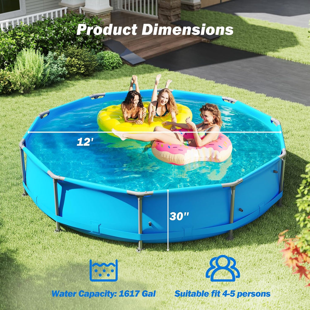 Moccha 12' x 12' Round Above Ground Pool - Metal Frame Family Pool Set with PVC Fabric, 3 Stoppers & Drainage Valve Connector, Outdoor Backyard Swimming Pool, 1617 Gallons of Water