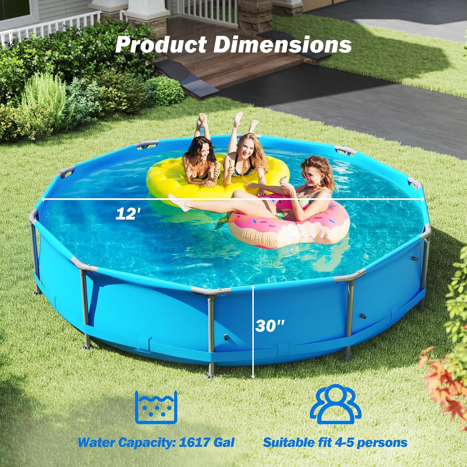 Moccha 12' x 12' Round Above Ground Pool - Metal Frame Family Pool Set with PVC Fabric, 3 Stoppers & Drainage Valve Connector, Outdoor Backyard Swimming Pool, 1617 Gallons of Water