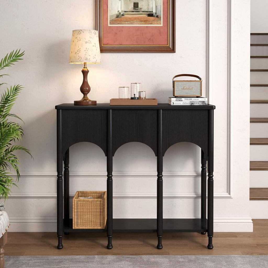 40' Console Table with Storage Shelf, Retro Entryway Table, Wooden Sofa Table with Roman-Style Legs for Living Room, Hallway, Black