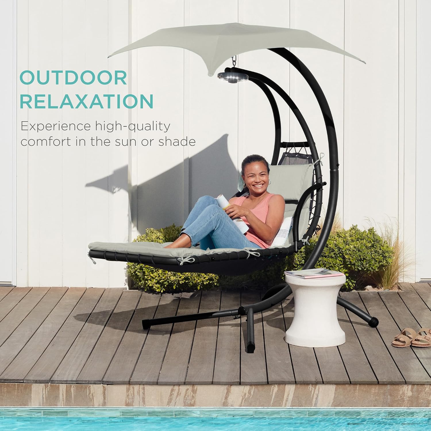 Best Choice Products Hanging LED-Lit Curved Chaise Lounge Chair Swing for Backyard, Patio, Lawn w/ 3 Light Settings, Weather-Resistant Pillow, Removable Canopy Shade, Steel Stand - Ivory