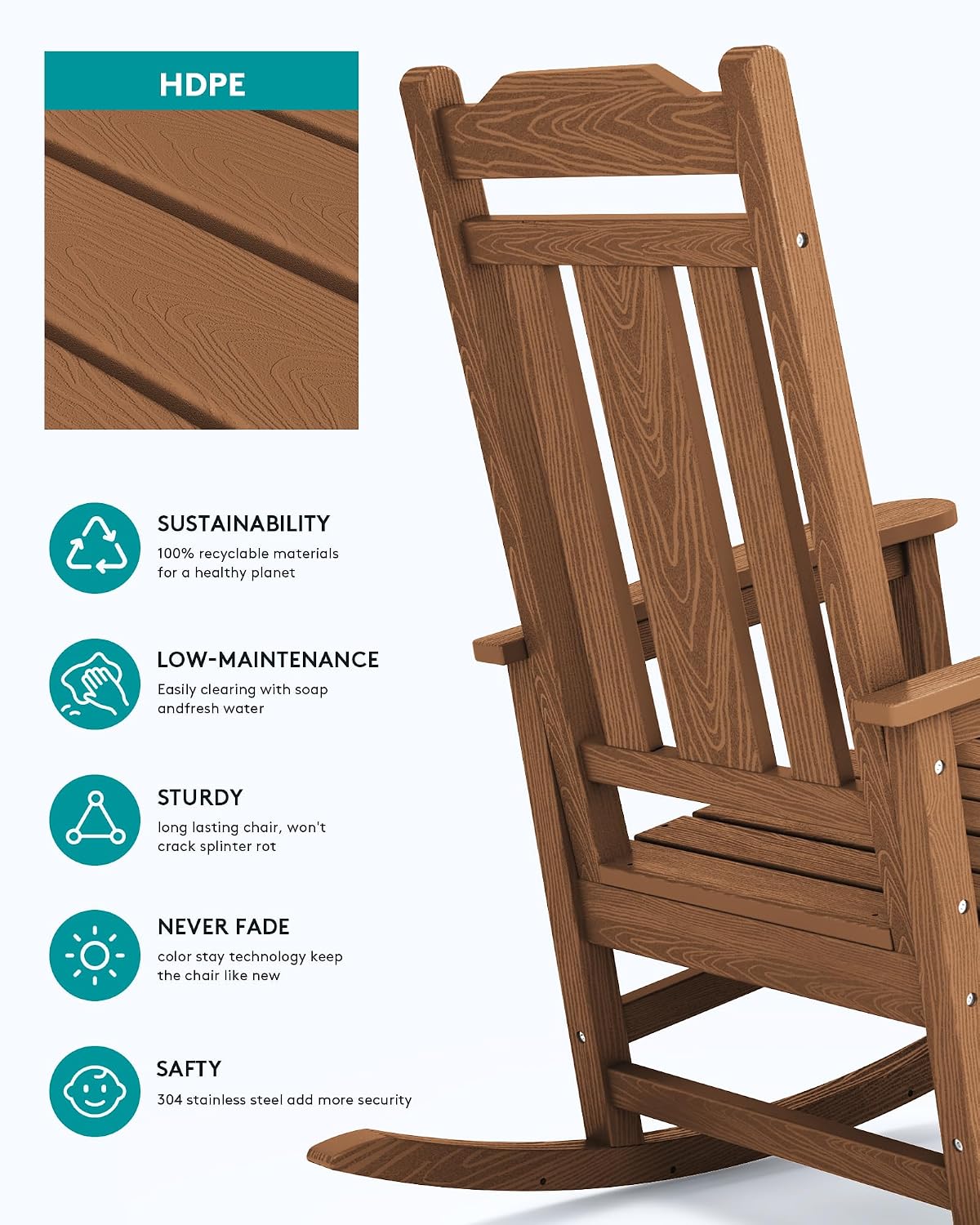 SERWALL Oversized Rocking Chair, HDPE Outdoor Rocking Chairs, Patio Rocking Chair Sets for Adults, Brown