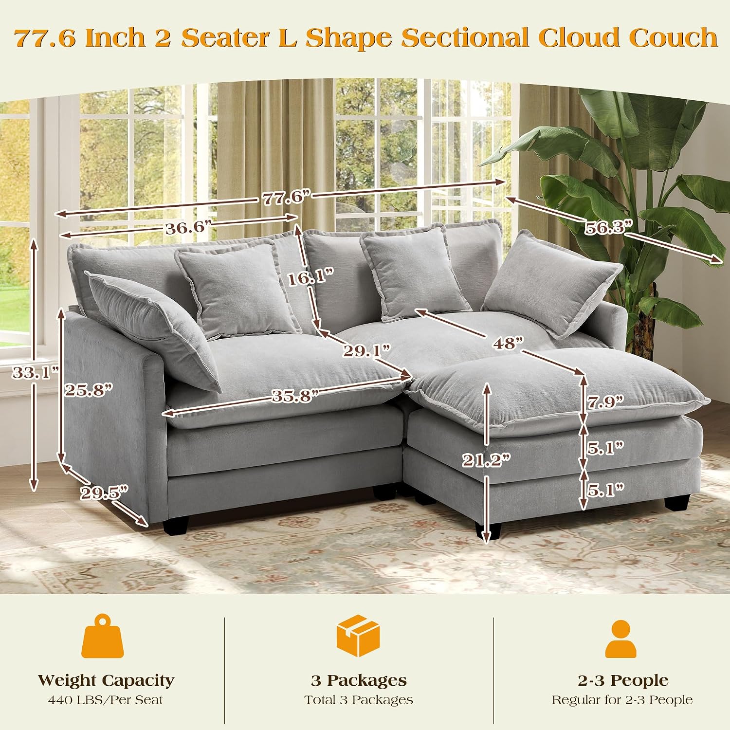 77.6' Modular Sectional Sofa,Loveseat Couch for Living Room, Modern Deep Seat Sofa 2 Seater Chenille Fabric Comfy Cloud Couches with Throw Pillows & Ottoman for Apartment,Small Spaces