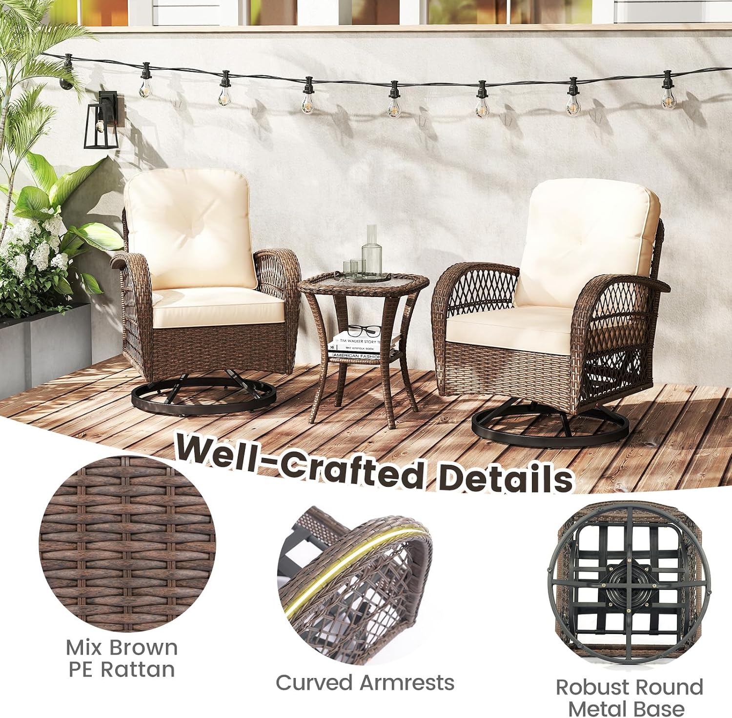 ORALNER 3 Pieces Wicker 360° Swivel Rocker Set Patio Furniture, Rocking Chairs with Cushions, Tempered Glass Coffee Table, Outdoor Rattan Bistro Set for Balcony Front Porch Deck Poolside (Beige)