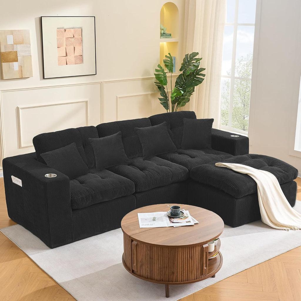 Modular Cloud 3 Seater Boneless L-Shaped Sectional Sofa, Comfy Modern Design with Ergonomic Support & Free Combination for Living Room/Bedroom/Apartment (Matte Black)