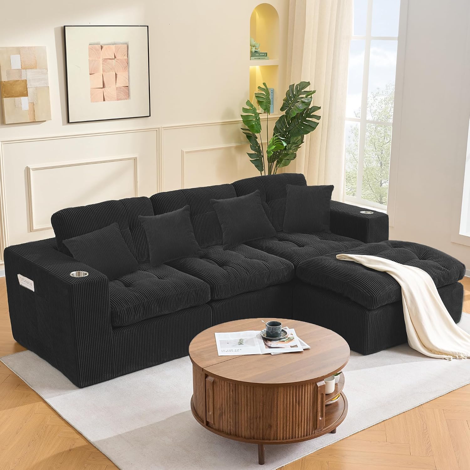 Modular Cloud 3 Seater Boneless L-Shaped Sectional Sofa, Comfy Modern Design with Ergonomic Support & Free Combination for Living Room/Bedroom/Apartment (Matte Black)