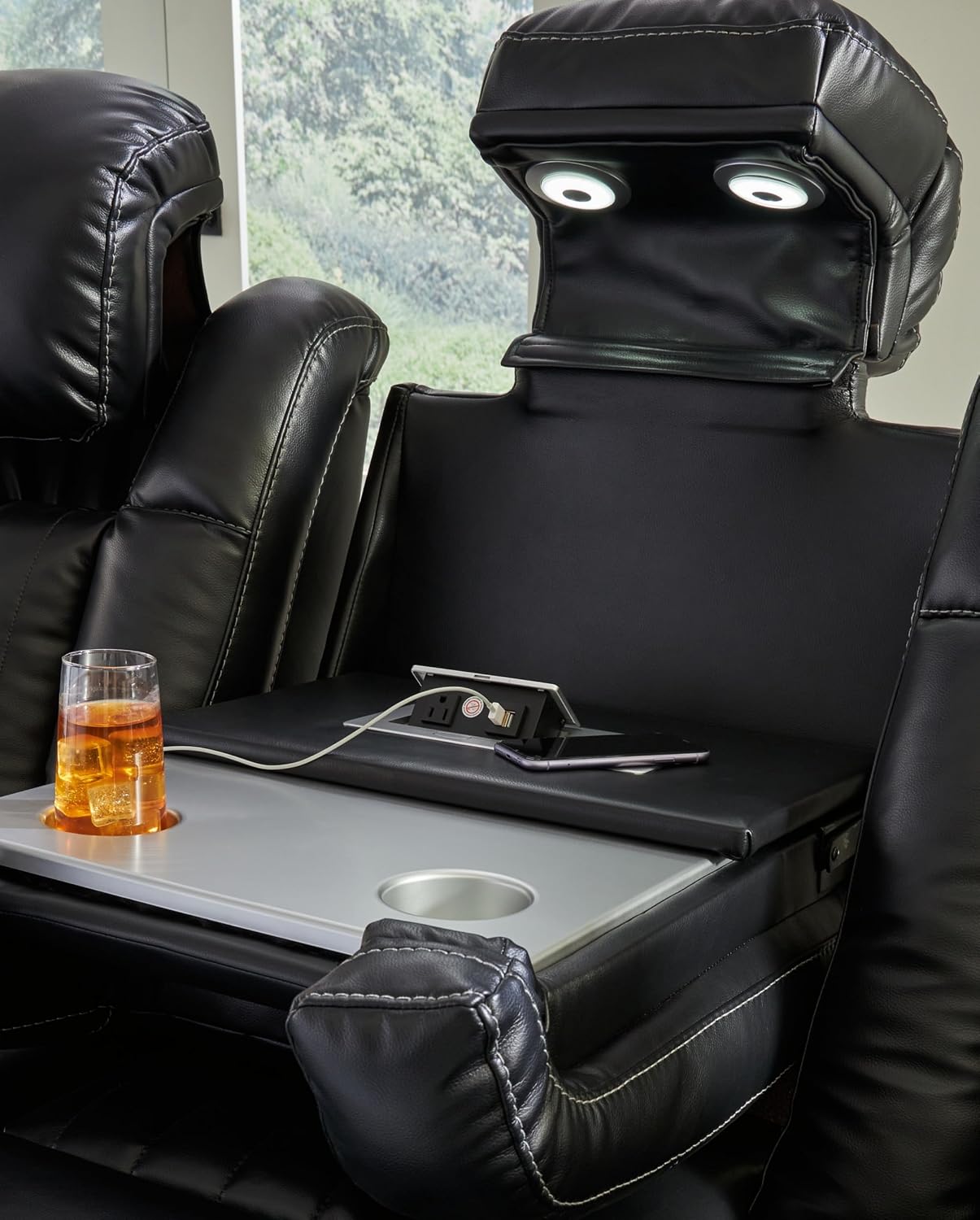 Signature Design by Ashley Caveman Den Modern Faux Leather Power Reclining Sofa with Adjustable Headrest, Drop Down Table, Electrical Outlets and LED Reading Lights, Black