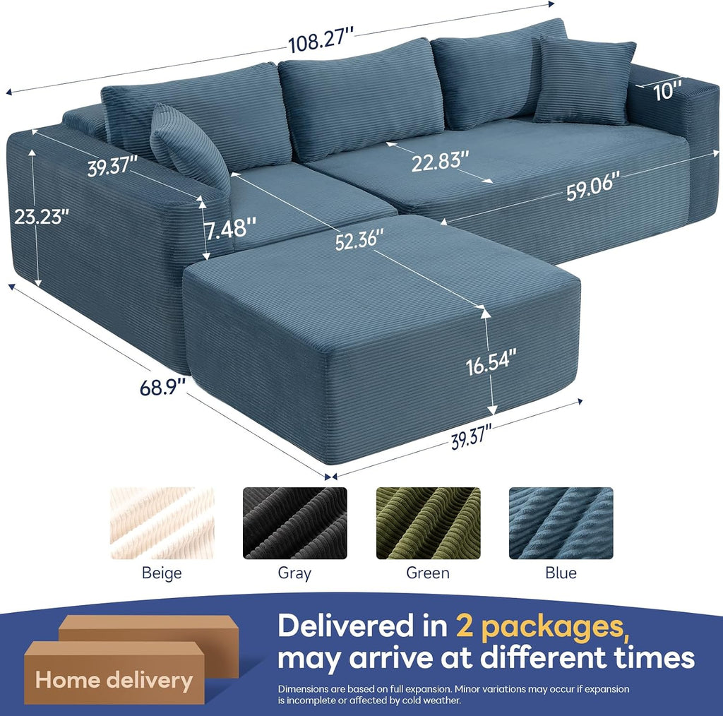 Brage Living 2025 New 108' Cloud Couch Sectional, Comfy Boneless Modular Sectional Sofa with L-Shaped Chaise, Deep Seat Couch for Living Room, No Assembly Required (Blue, Chaise Ottoman)