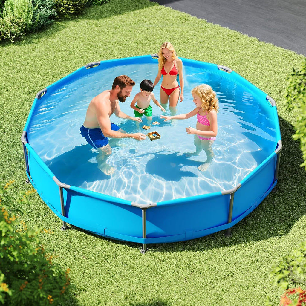 Moccha 12' x 12' Round Above Ground Pool - Metal Frame Family Pool Set with PVC Fabric, 3 Stoppers & Drainage Valve Connector, Outdoor Backyard Swimming Pool, 1617 Gallons of Water