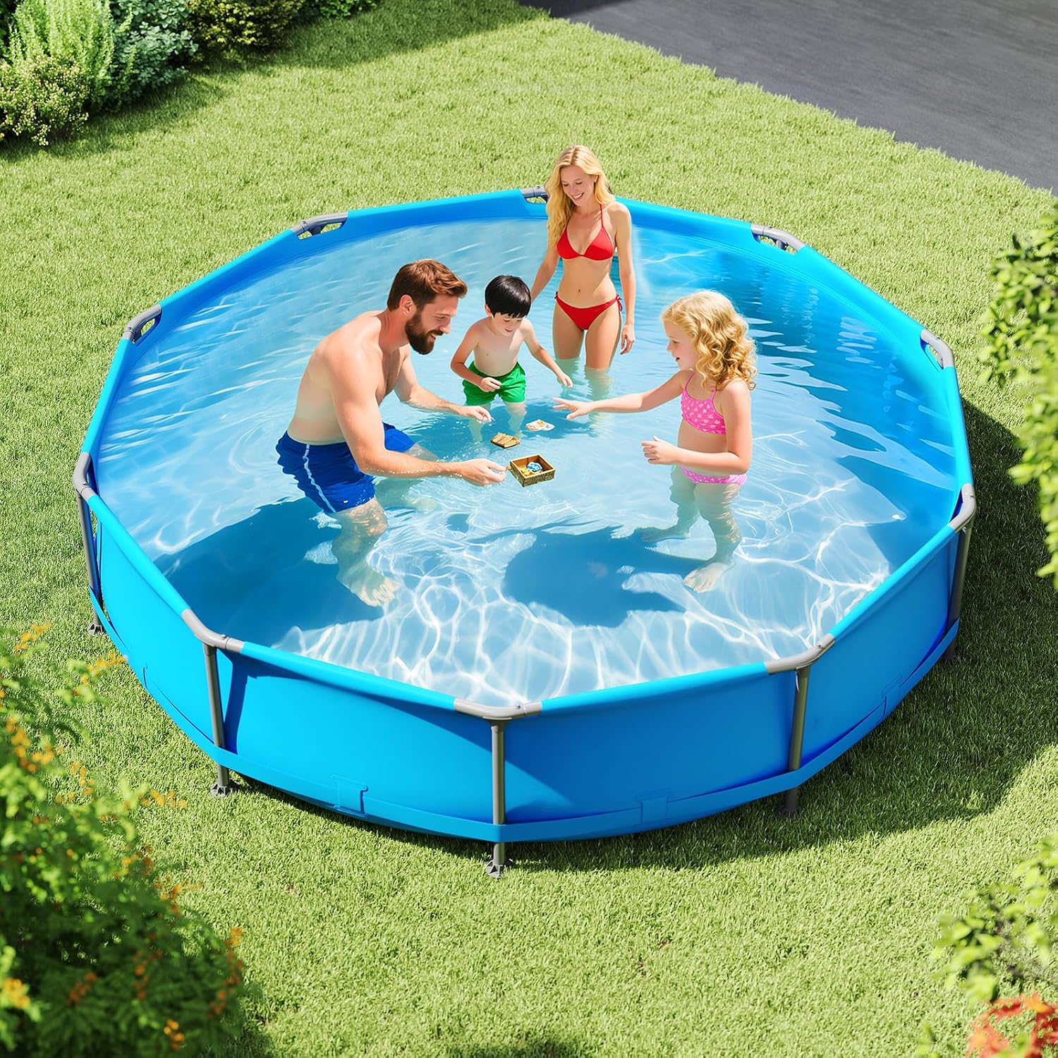Moccha 12' x 12' Round Above Ground Pool - Metal Frame Family Pool Set with PVC Fabric, 3 Stoppers & Drainage Valve Connector, Outdoor Backyard Swimming Pool, 1617 Gallons of Water
