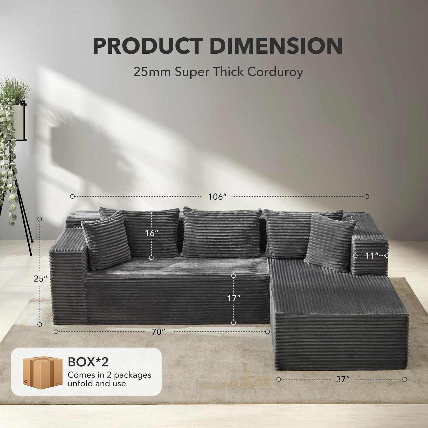 Modular Sectional Sofa Cloud Sectional Couch, 106' Comfy L Shaped Black Couches for Living Room,Oversized Sofa Sleeper with Deep Seat, No Assembly Required