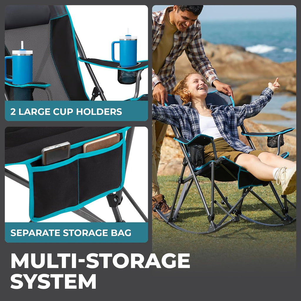 FUNDANGO Oversized Rocking Camping Chair for Adults, 2 Pack Portable Folding Lawn Chairs for Outside with Pillows, Wide Armrest, 2 Cup Holders, Carry Bag for Patio Garden Outdoor Supports 400Lbs