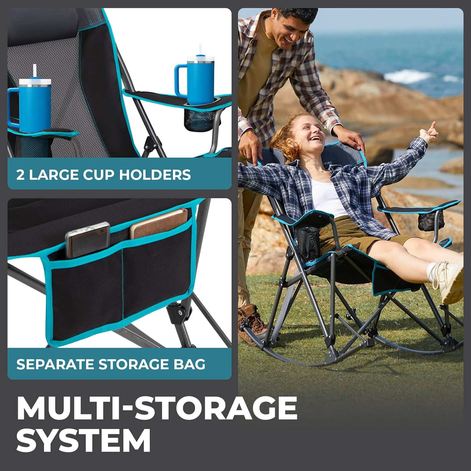 FUNDANGO Oversized Rocking Camping Chair for Adults, 2 Pack Portable Folding Lawn Chairs for Outside with Pillows, Wide Armrest, 2 Cup Holders, Carry Bag for Patio Garden Outdoor Supports 400Lbs