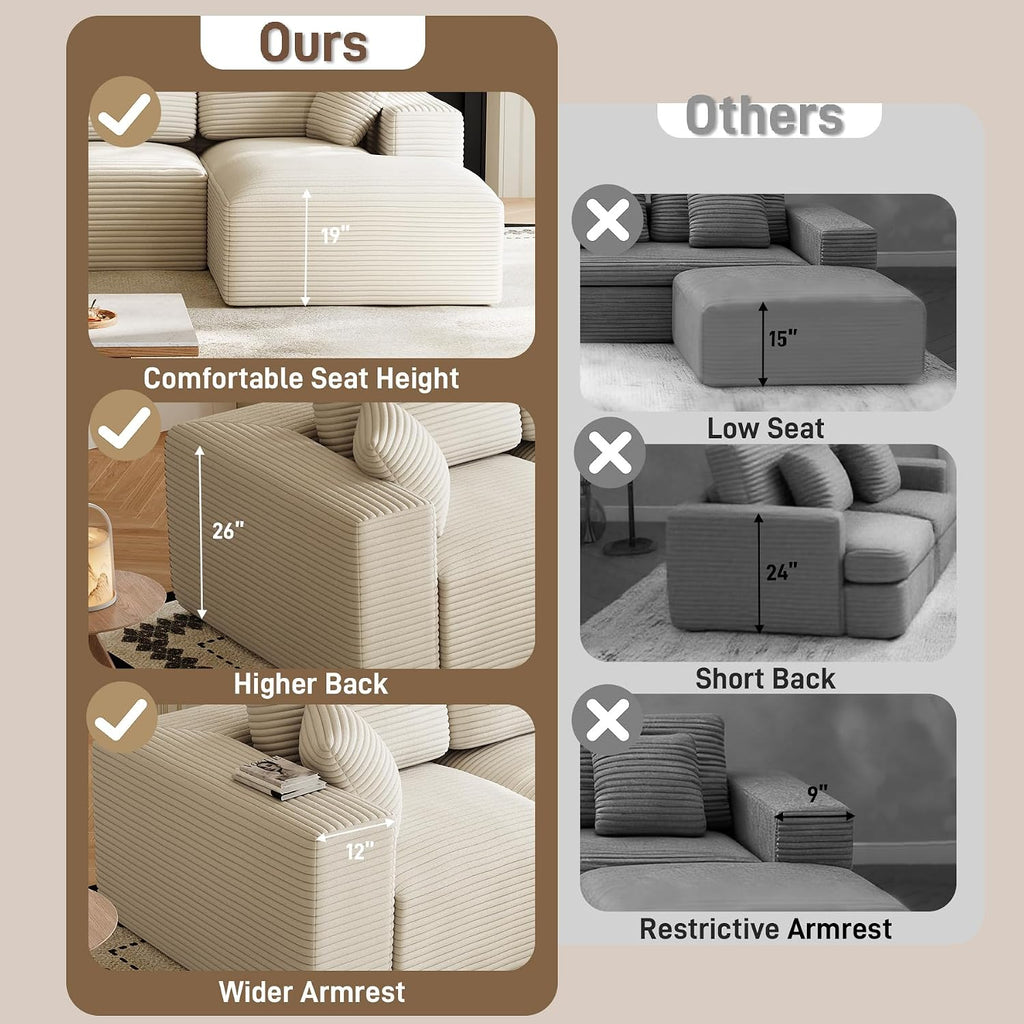 109' L-Shaped Boneless Cloud Sectional Couches, Comfy Corduroy Fluffy Modular Sectional Sofa with Right-Facing Chaise, Deep Seat Memory Foam Plush Couch for Living Room, Small Spaces, Beige White