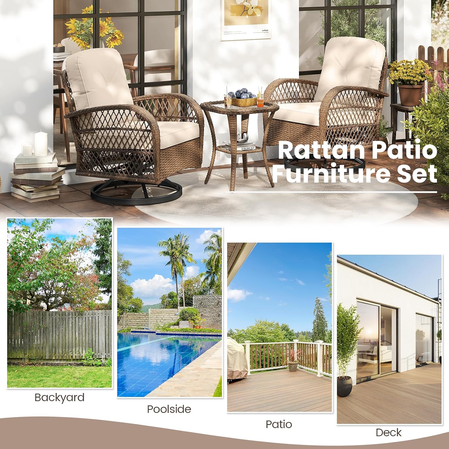 ORALNER 3 Pieces Wicker 360° Swivel Rocker Set Patio Furniture, Rocking Chairs with Cushions, Tempered Glass Coffee Table, Outdoor Rattan Bistro Set for Balcony Front Porch Deck Poolside (Beige)