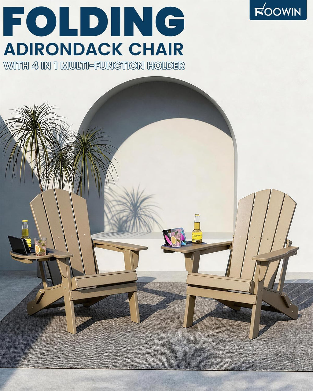 FOOWIN Folding Adirondack Chair, HDPE Adirondack Chairs with Cup Holder, Weather Resistant Plastic Fire Pit Chairs for Outdoor, Patio, Lawn, Garden, Backyard, Deck, Brown