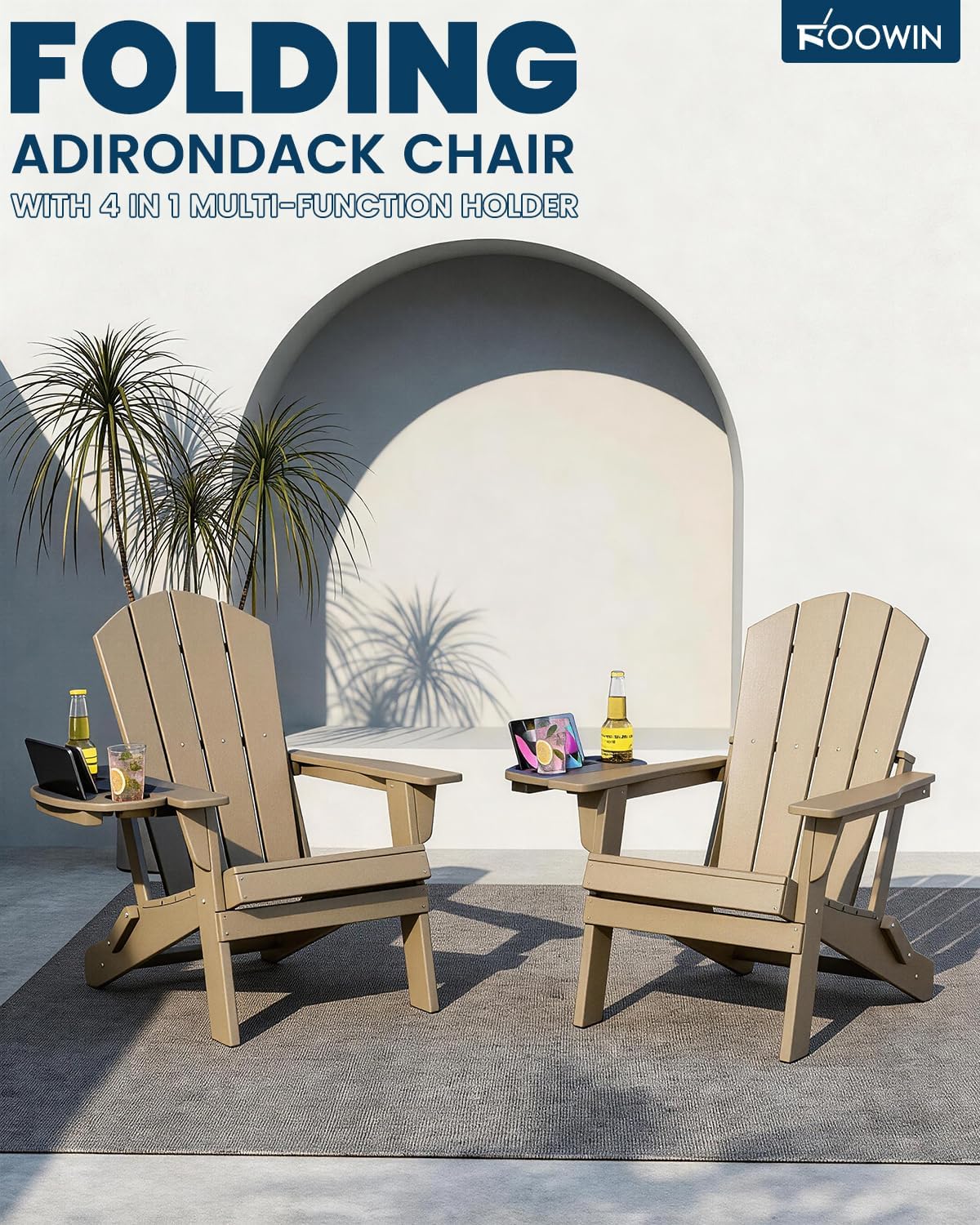FOOWIN Folding Adirondack Chair, HDPE Adirondack Chairs with Cup Holder, Weather Resistant Plastic Fire Pit Chairs for Outdoor, Patio, Lawn, Garden, Backyard, Deck, Brown