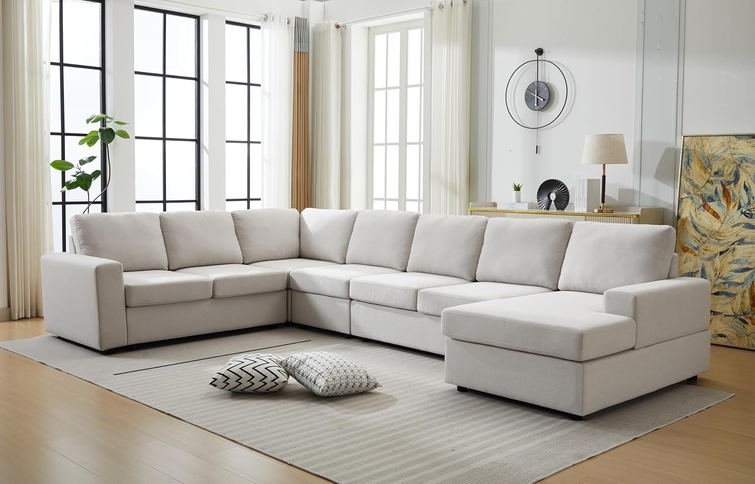 Ball & Cast 147' L-Shaped Sectional Couch for Living Room with Reversible Chaise & Removable Back Cushions,7 Seat Linen Upholstered Convertible Sectional Sofa Set,DIY Combination,for Home,Office,Beige