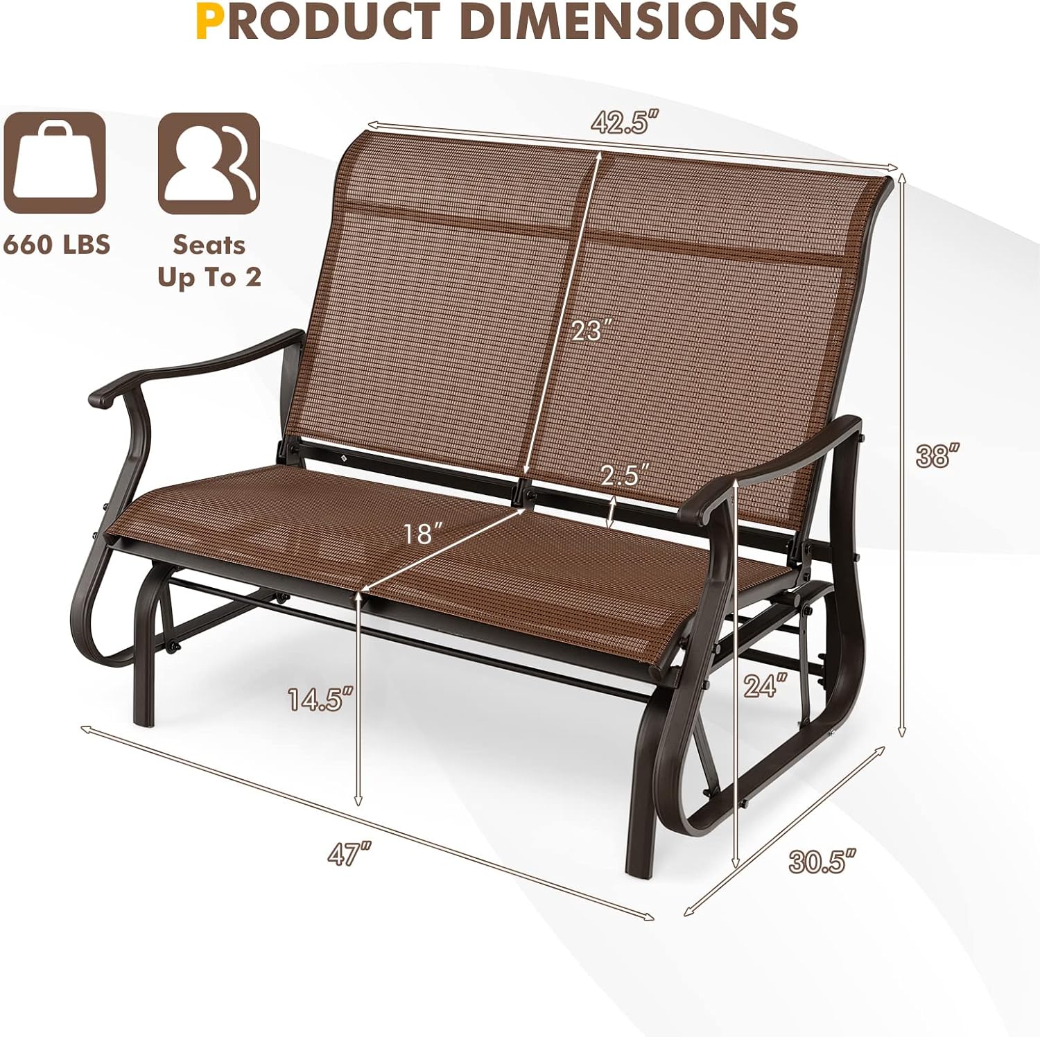 Giantex Outdoor Glider Bench Chair - Extra-Large 2 Person Loveseat with Breathable Fabric, Steel Frame, 660lbs Weight Capacity Swing Chair for Lawn, Yard, Poolside, Garden, Patio Swing Glider Chair