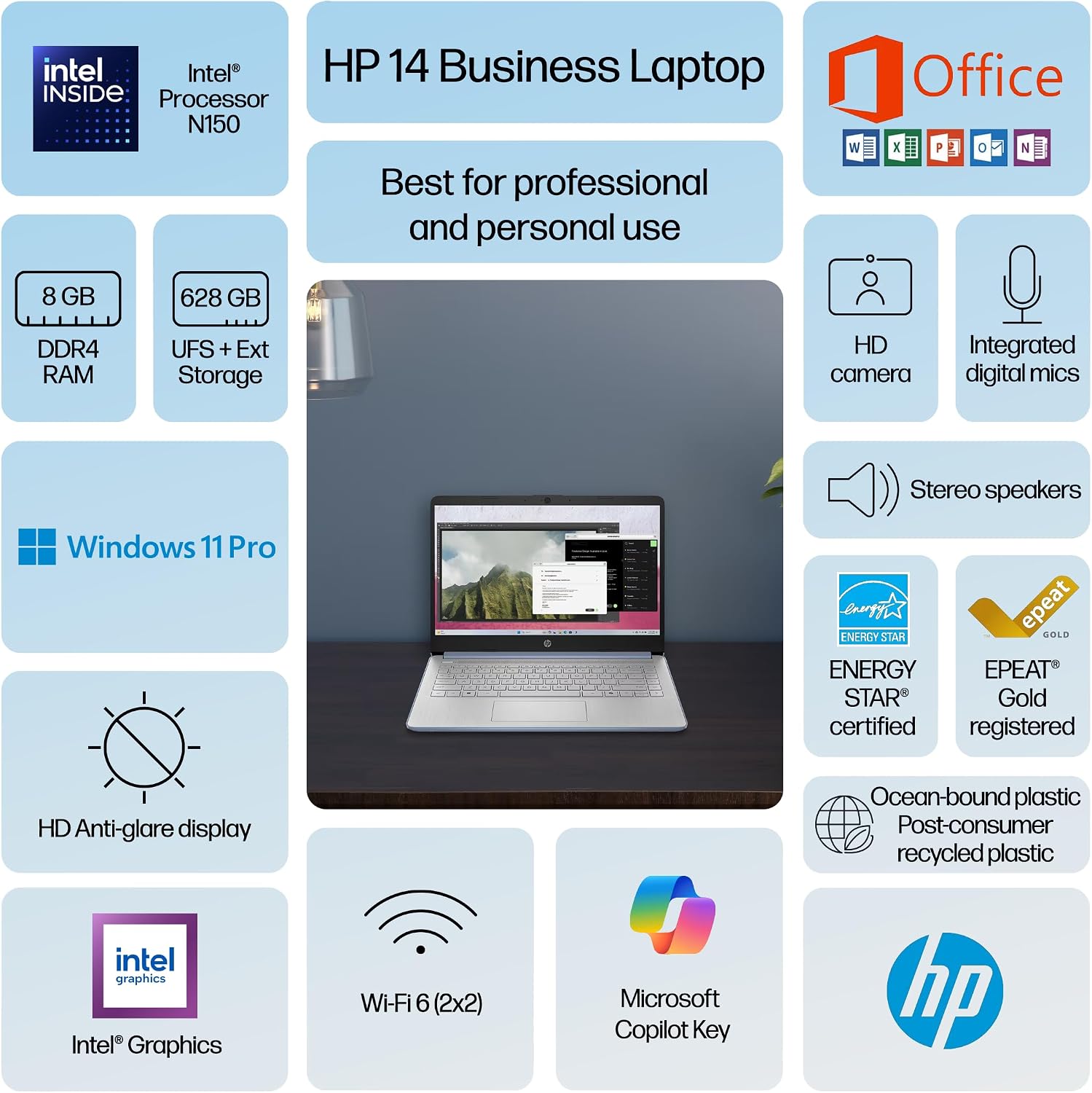 HP 14' Laptop Computer 2025-2026 Business Student, Copilot AI, Lifetime Office, 4-Core Intel CPU, 8GB RAM, 628GB Storage (128GB UFS +500GB Ext), Wi-Fi 6, 10+ Hrs, MarxsolAccessory, Win 11 Pro, Blue
