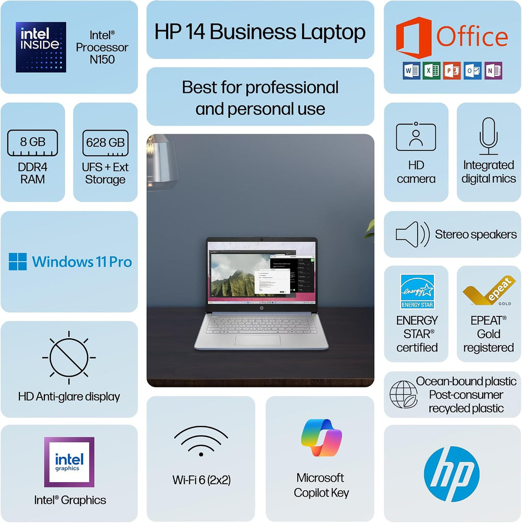 HP 14' Laptop Computer 2025-2026 Business Student, Copilot AI, Lifetime Office, 4-Core Intel CPU, 16GB RAM, 628GB Storage (128GB UFS +500GB Ext), Wi-Fi 6, 10+ Hrs, MarxsolAccessory, Win 11 Pro, Blue