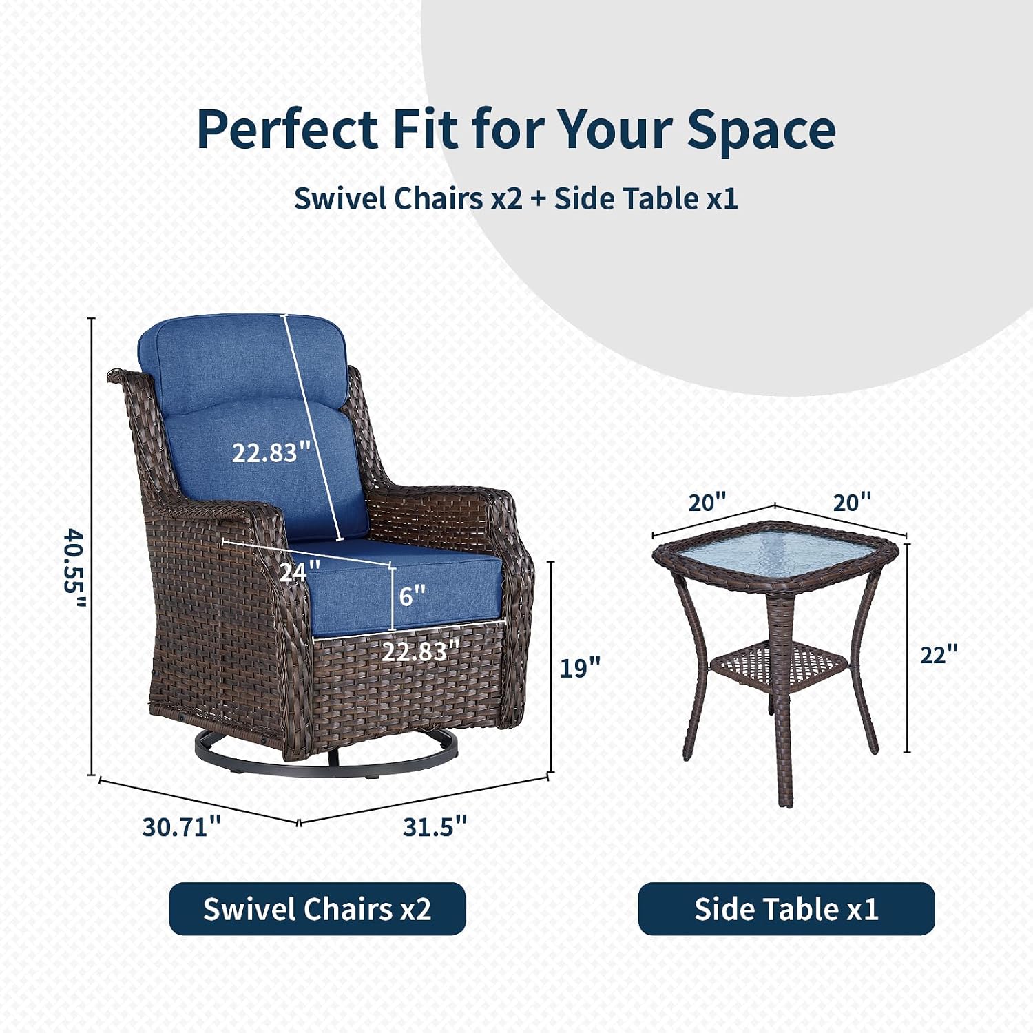 Outdoor Wicker Swivel Rocker Chair with 6-Inch Thick Cushions, High Back Patio Glider Chair, 360° Swivel & Rocking Motion for Porch, Deck, Balcony, Poolside, Brown/Blue