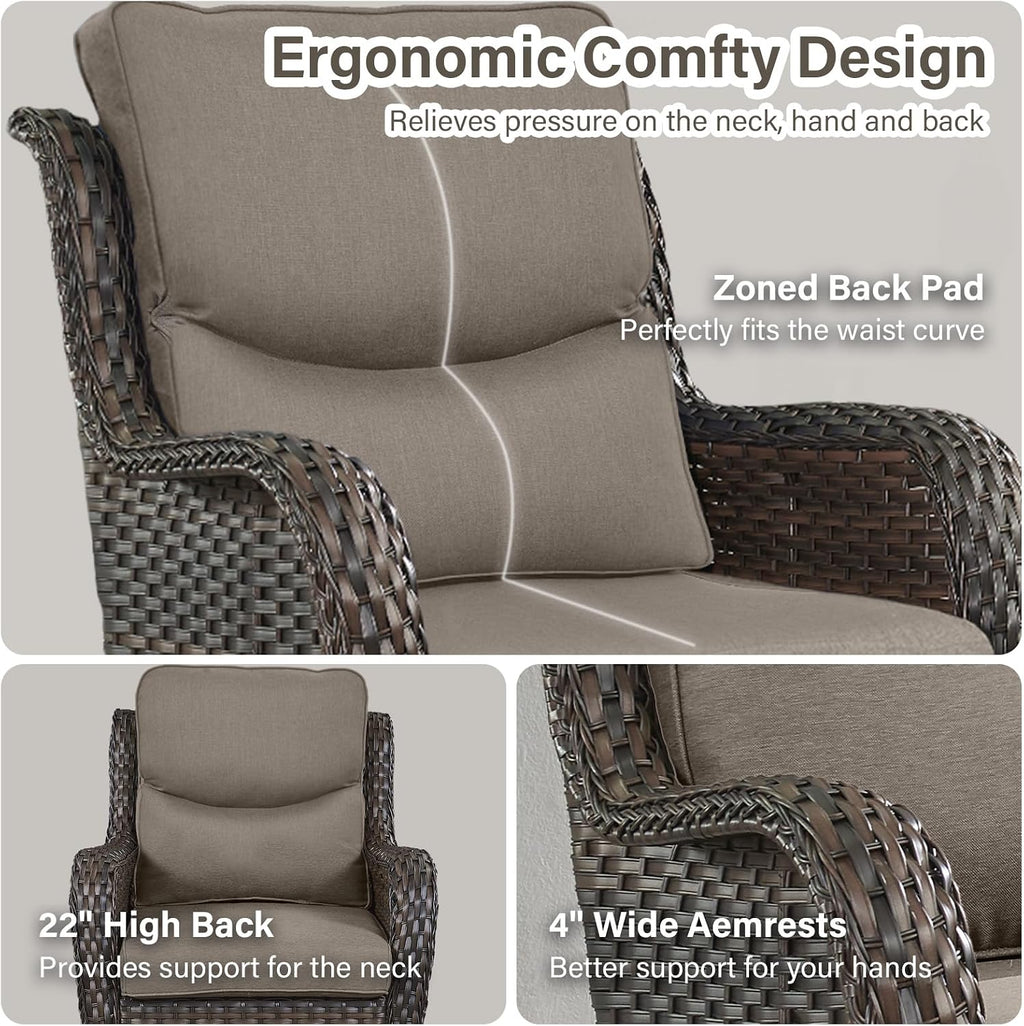 Outdoor Swivel Rocker Patio Chairs with 5' Thick Cushion - 3 Piece Wicker Bistro Set with Side Table, High Back Comfty Outdoor Glider Chairs for Balcony, Porch, Deck, Poolside - Brown-Gray