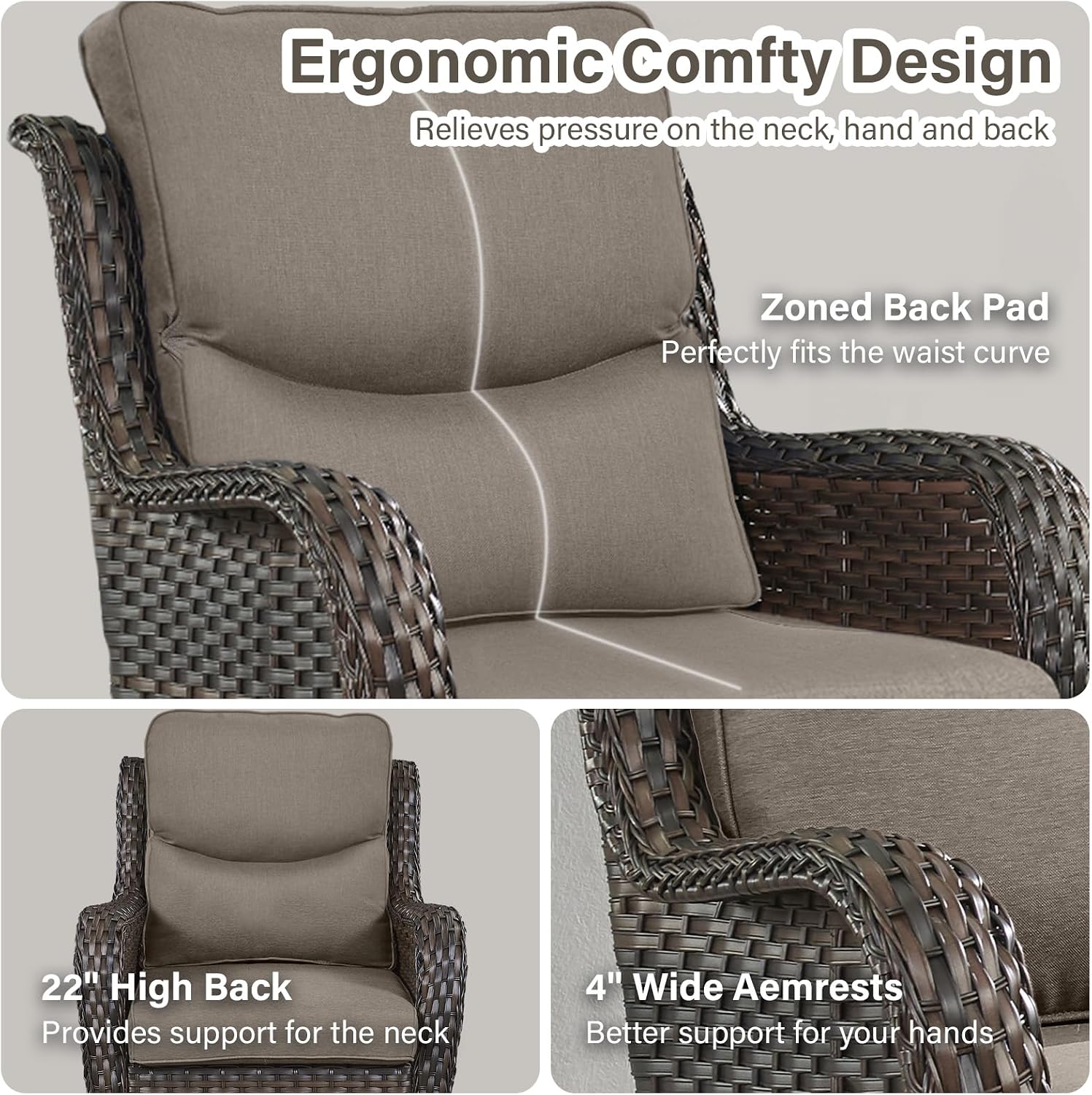 Outdoor Swivel Rocker Patio Chairs with 5' Thick Cushion - 3 Piece Wicker Bistro Set with Side Table, High Back Comfty Outdoor Glider Chairs for Balcony, Porch, Deck, Poolside - Brown-Gray