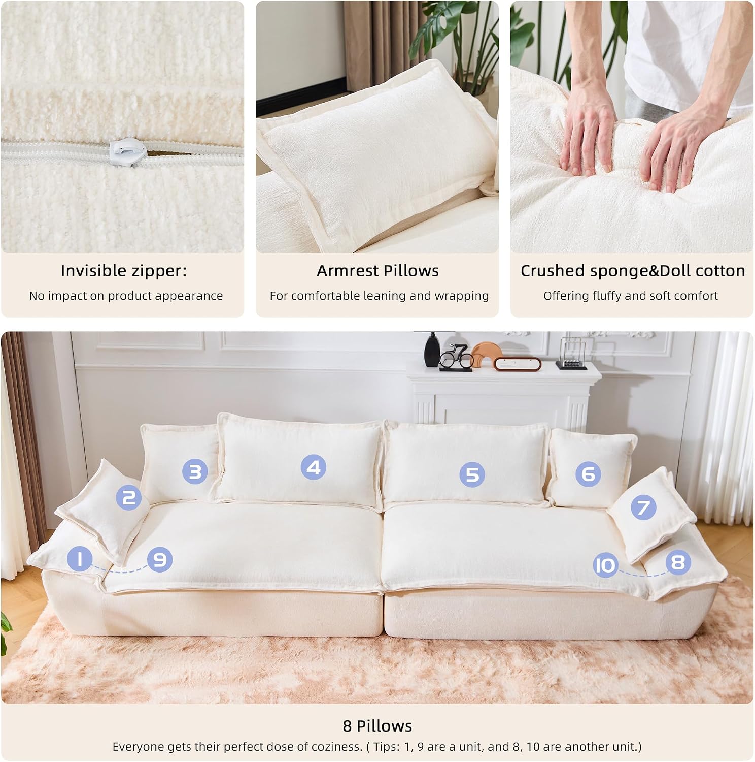 138' Modular Cloud Couch, Sectional Couch with Deep Seats, Wide Armrests and Multiple Pillows, Boneless Couches Sofas Loveseat for Bedroom/Living Room/Apartment/Office (White, Right)