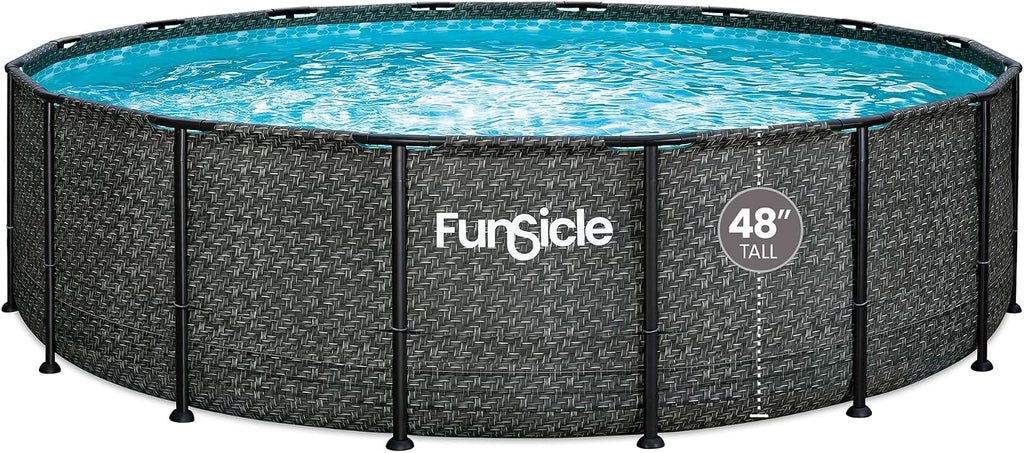 Funsicle Oasis Designer 16' x 48' Round Above Ground Swimming Pool, With FiltraBoost 1800 GPH Filter Pump With AutoSkimmer, Pump, Ladder, Deluxe Maintenance Kit, Cover & Ground Cloth, Dark Herringbone