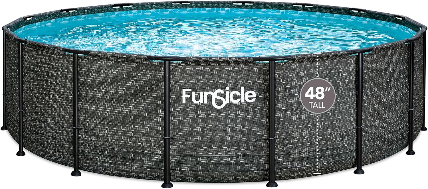 Funsicle Oasis Designer 16' x 48' Round Above Ground Swimming Pool, With FiltraBoost 1800 GPH Filter Pump With AutoSkimmer, Pump, Ladder, Deluxe Maintenance Kit, Cover & Ground Cloth, Dark Herringbone