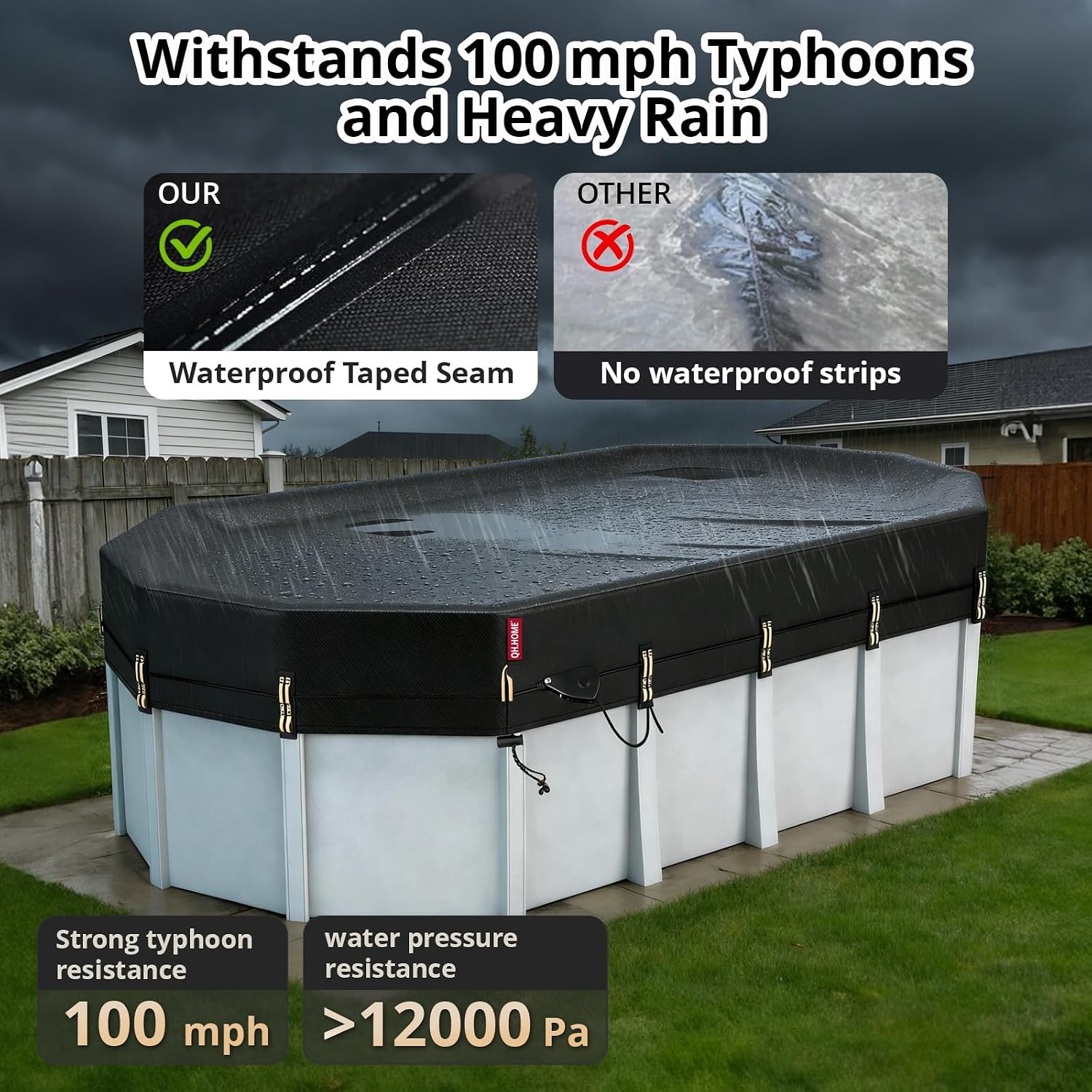 QH.HOME 12x24 Ft Oval Pool Cover for Steel Wall Pool,[Ultimate Windproof & Tear-Resistant Fabric],Snug Fit with Patented Ratchet & Weight Rings, Blocks Leaves &Waterproof