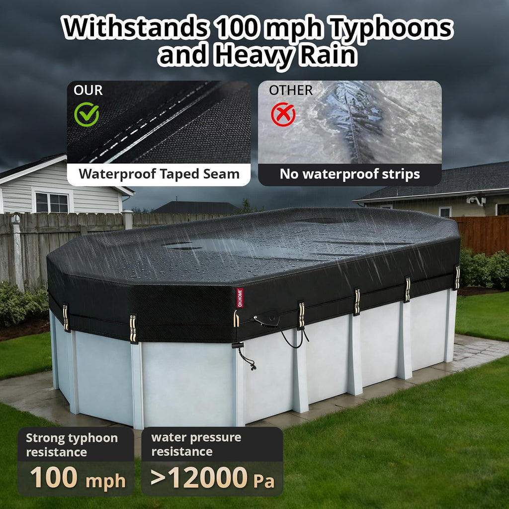 QH.HOME 16x32 Ft Oval Pool Cover for Steel Wall Pool,[Ultimate Windproof & Tear-Resistant Fabric],Snug Fit with Patented Ratchet & Weight Rings, Blocks Leaves &Waterproof