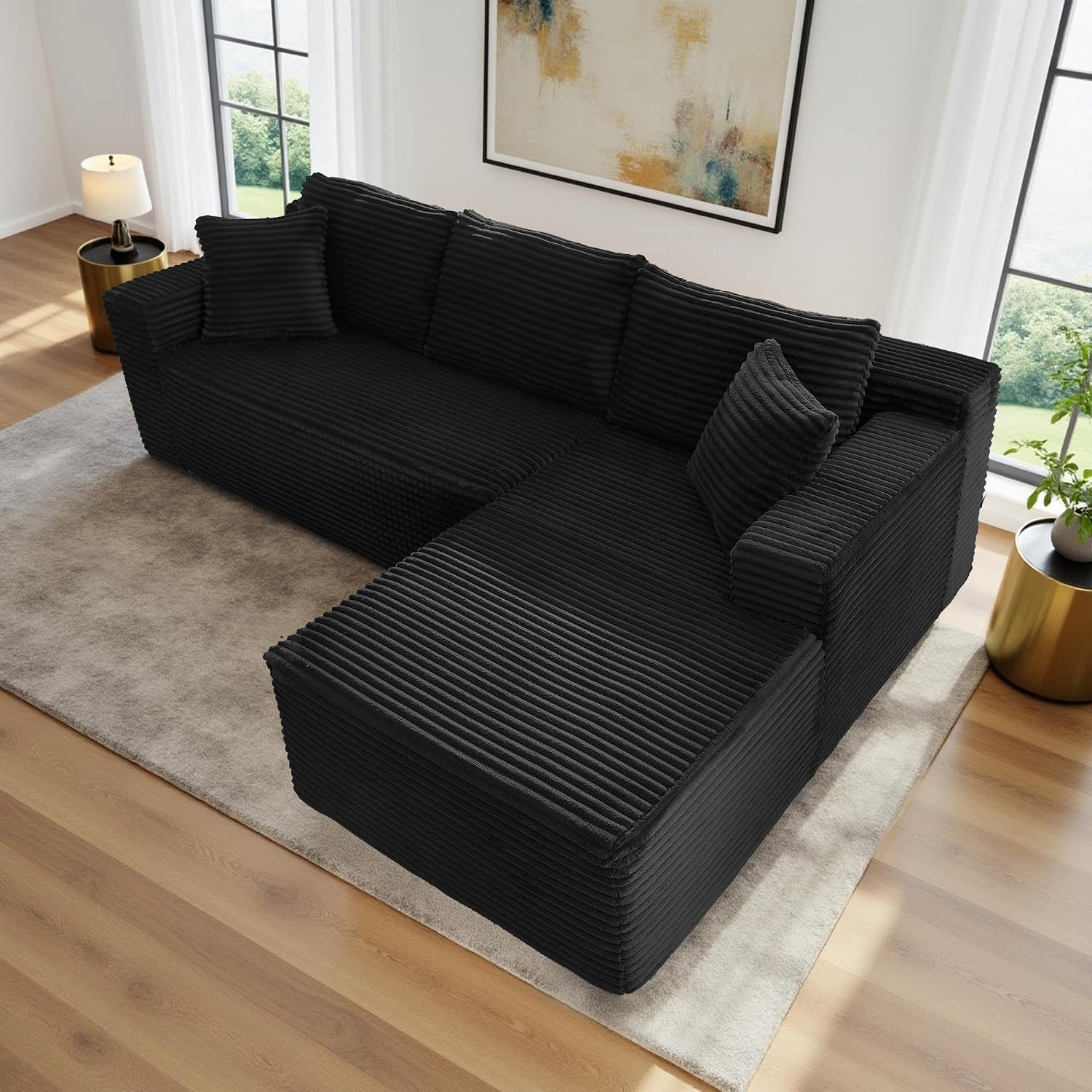 96' Sectional Couches for Living Room Cloud Couch Sofa with L-Shape Upholstered Boneless Couchs Modern Modular Sectional Couch with Chaise (Black, 105' W+Right)
