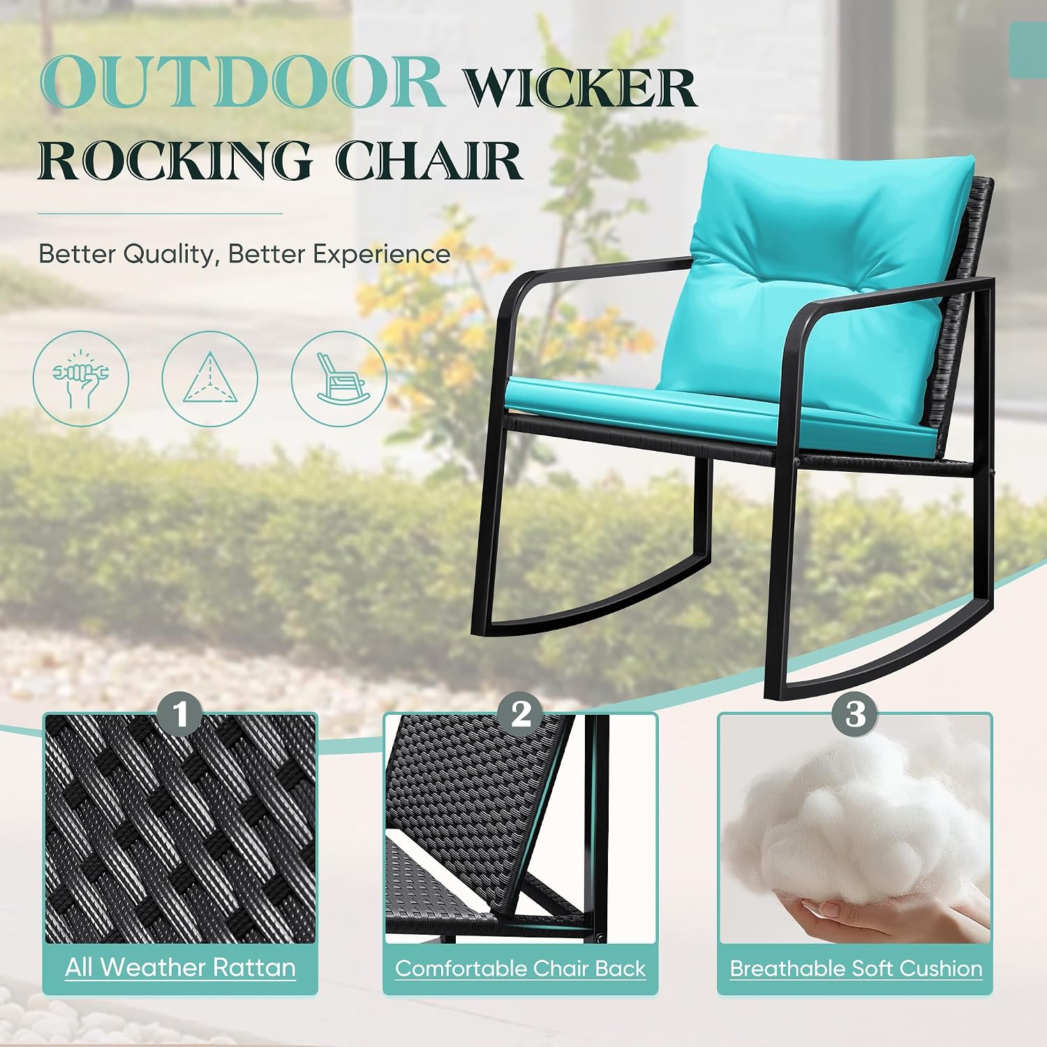 Greesum 3 Pieces Rocking Wicker Bistro Set, Patio Outdoor Furniture Conversation Sets with Porch Chairs and Glass Coffee Table, Blue