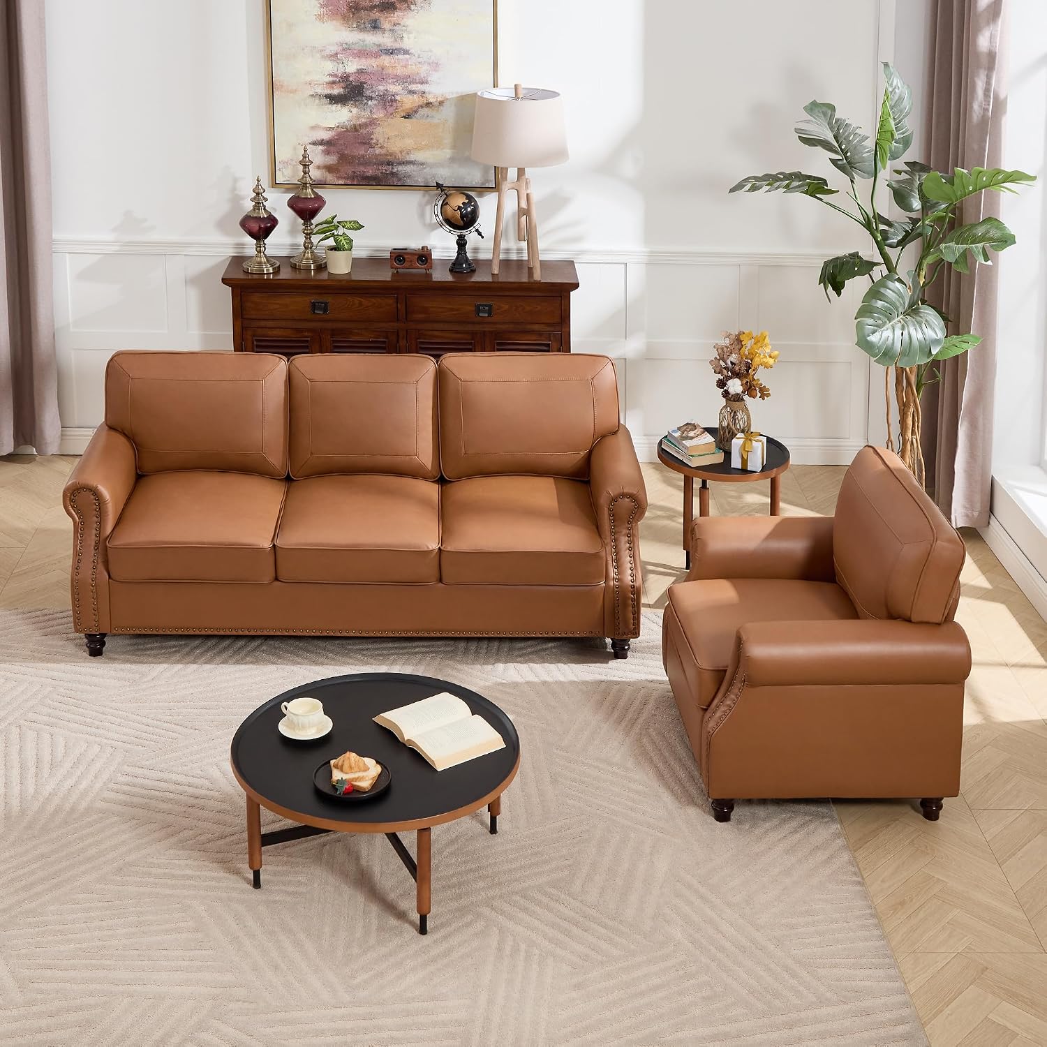 Kingfun Mid-Century Modern Couch, Faux Leather Sofa Set, 3 Seater Couch for Living Room with Rolled arms & Nailhead Trim,Brown