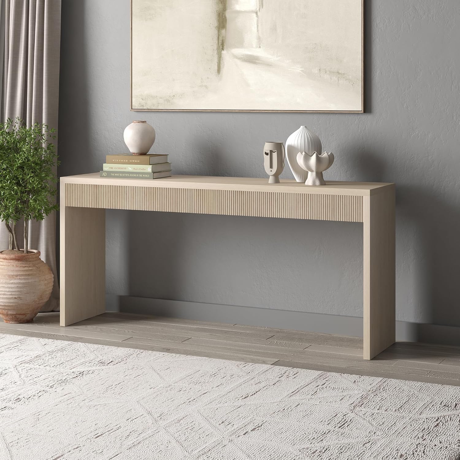 Henn&Hart 64' Rectangular Fluted Console Table, Ribbed Entryway Table, Sofa Table for Entryway, Living Room, Couch, Hallway, or Office, Beech White