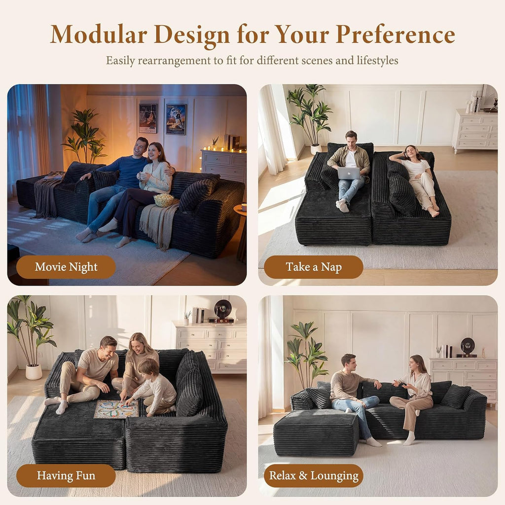 Vesgantti 106' Boneless Couch with Chaise, Deep Seat Comfy Cloud Modular Sofa Corduroy Memory Foam Sectional Couches for Living Room Bedroom, No Assembly Required (Grey, Left-Facing Chaise)