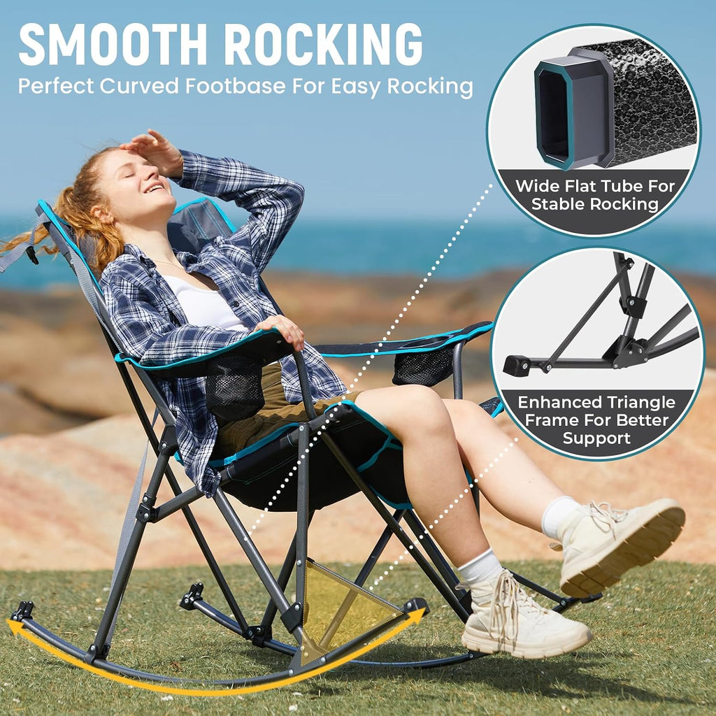 FUNDANGO Oversized Rocking Camping Chair for Adults, 2 Pack Portable Folding Lawn Chairs for Outside with Pillows, Wide Armrest, 2 Cup Holders, Carry Bag for Patio Garden Outdoor Supports 400Lbs