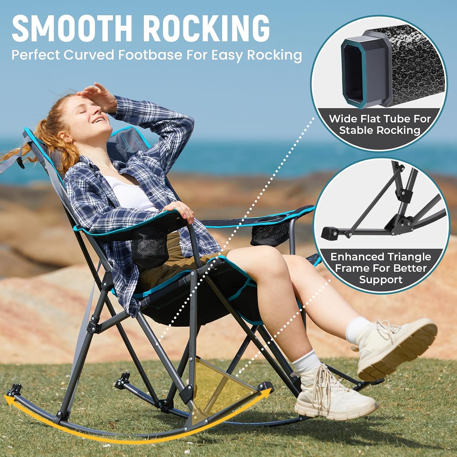 FUNDANGO Oversized Rocking Camping Chair for Adults, 2 Pack Portable Folding Lawn Chairs for Outside with Pillows, Wide Armrest, 2 Cup Holders, Carry Bag for Patio Garden Outdoor Supports 400Lbs