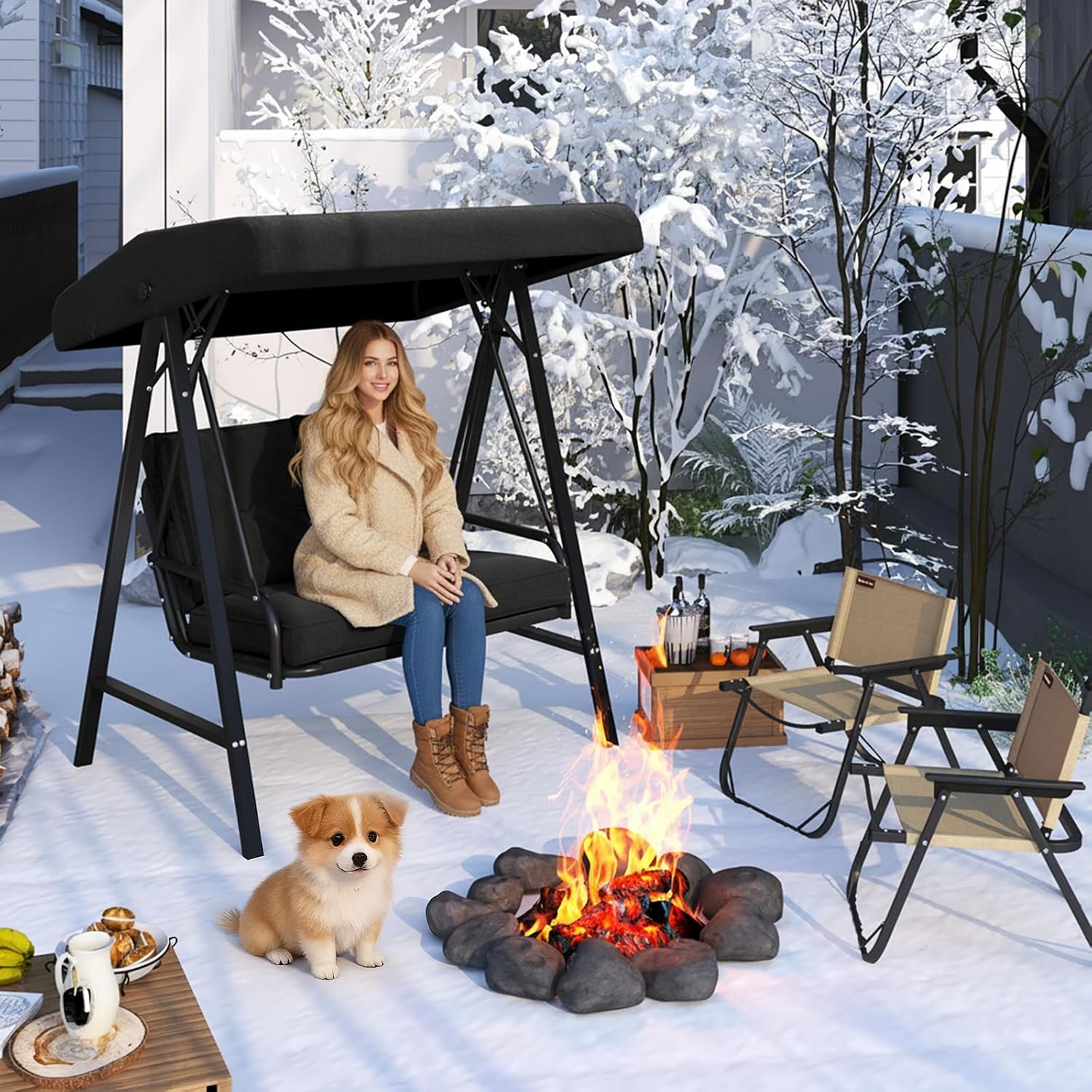 AECOJOY 2-Seat Outdoor Patio Swing Chair with Adjustable Canopy, Porch Swings Chairs for Adult, Outside Swing Bench with Removable Cushion, Suitable for Backyard, Garden, Yard, Poolside, Balcon, Black